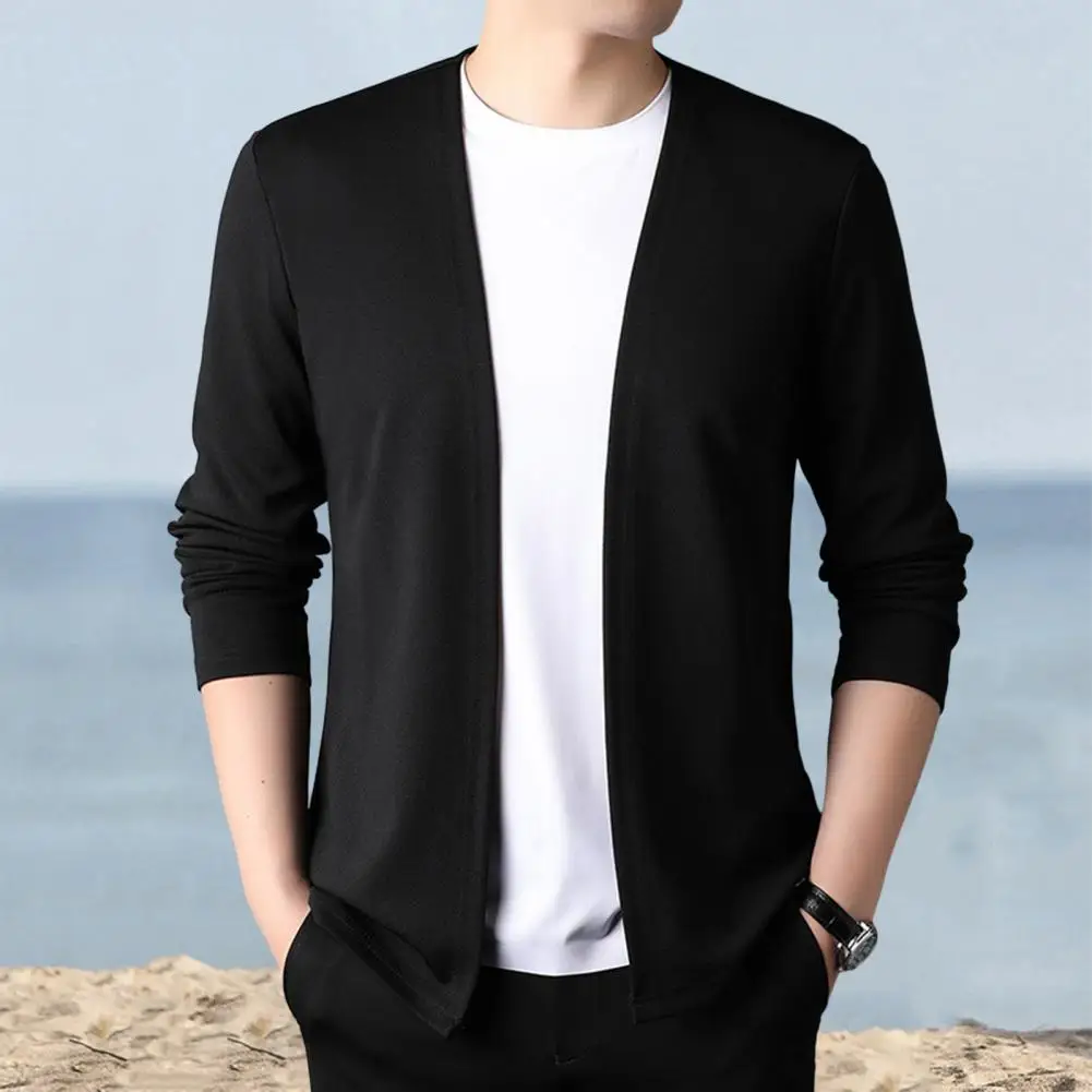 Men Slim Fit Solid Color Sweater Coat Open Front Thin Male Casual Knitted Cardigan for Spring And Autumn