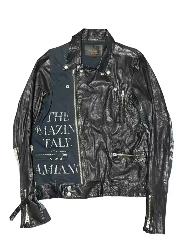 

Punk Hip Hop High Street Fashion Letter Print Turn-Down Collar Motorcycle Jacket Casual Loose Leather Jackets For Man