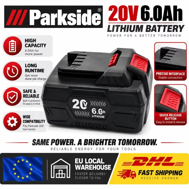 Per il pacco batteria al litio Parkside 20V 6.0Ah: maggiore autonomia e nuove possibilità per i vostri utensili elettrici a batteria Parkside.