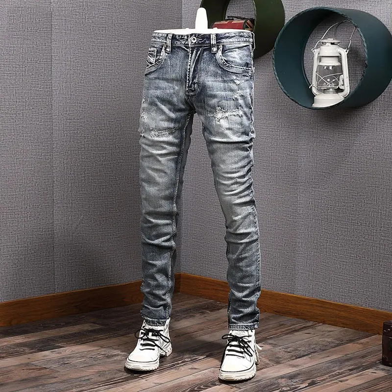 

Street Fashion Men Jeans High Quality Retro Blue Stretch Slim Fit Ripped Jeans Men Patched Designer Vintage Denim Pants Hombre