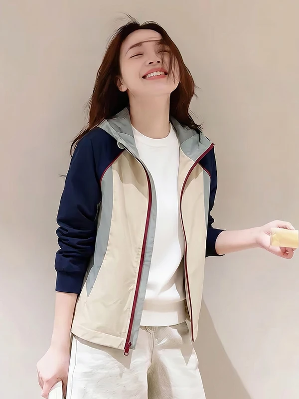 

Summer 2026 Women's Casual Hooded Jacket Color Block Design Versatile Sun Protection Top High Waist Loose Fit Commute Style