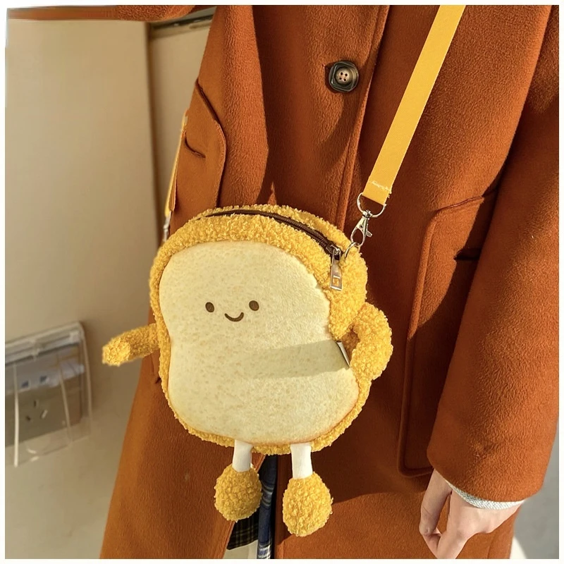 Cute Toast Bread Crossbody Bag Plush Cartoon Smiley Girls Purses Handbags Women's Phone Wallet Female Clutch Shoulder Bag