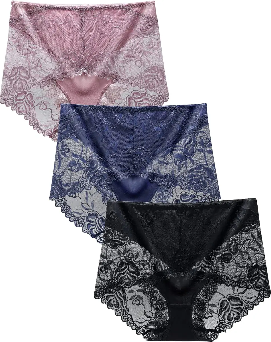 

3pcs Women's High Waisted Brief Lace Panties, French Hipster underwear