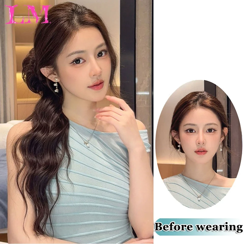 LM Self‑winding Half‑Up Bun Wavy Ponytail Hair Extensions With Soft Rod, Synthetic Hairpiece for Women Daily Wedding Party Datin