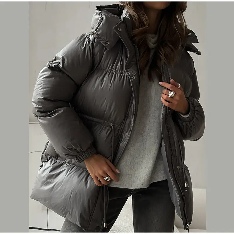 Hooded Women's Winter Jacket Zipper Drawstring Puffer Coat Shiny Thickened Bubble Coat Detachable Hood Mid Length Cotton Coat
