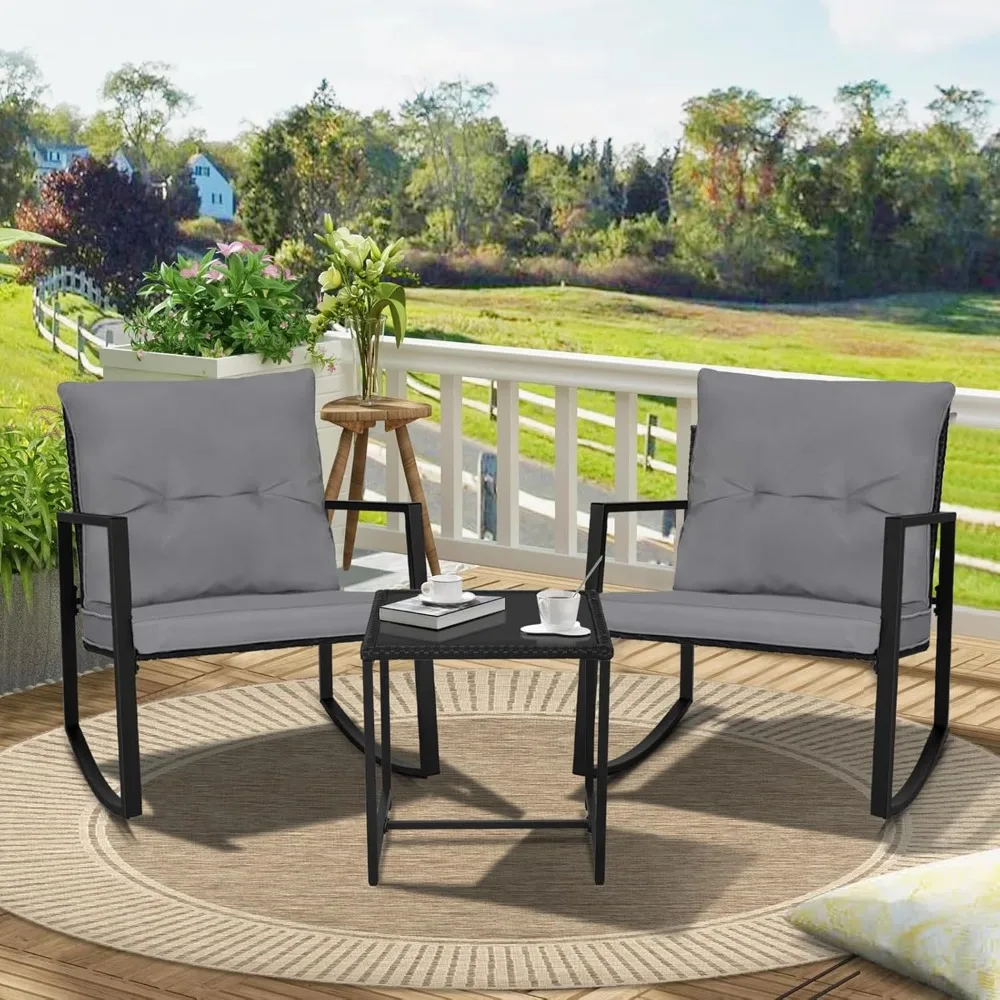 3 Piece Outdoor Rocking Bistro Set Black Wicker Furniture Porch Chairs Conversation Sets with Glass Coffee Table, Dark Grey