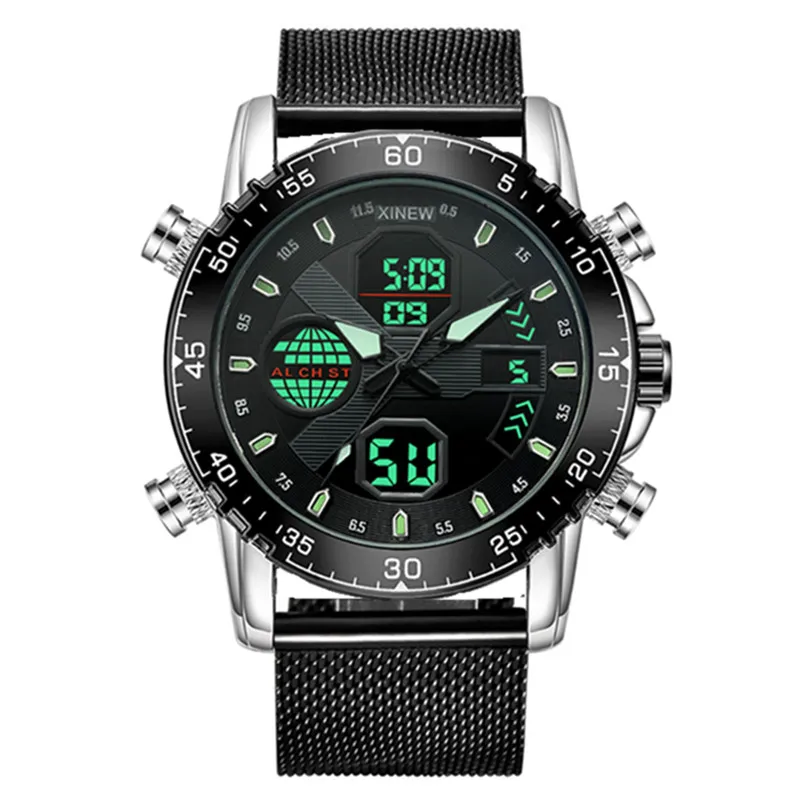 

Original XINEW Brand Dual Time Watches For Men Fashion Casual Full Steel Band Sports Chronograph Watch Black Relogio Masculino