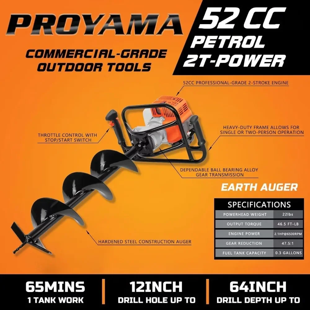 PROYAMA 54cc Post Hole Digger Gas Powered 2 Cycle Earth Auger, 4 Drill Bits 4