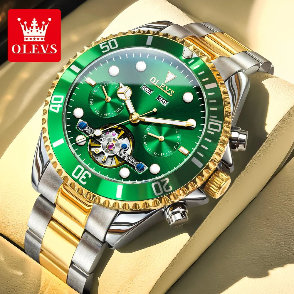 OLEVS 6605 Mens Watch Luxury Original Automatic Mechanical Watch Luminous Tourbillon Multifunctional Chronograph Watch For Men ﻿