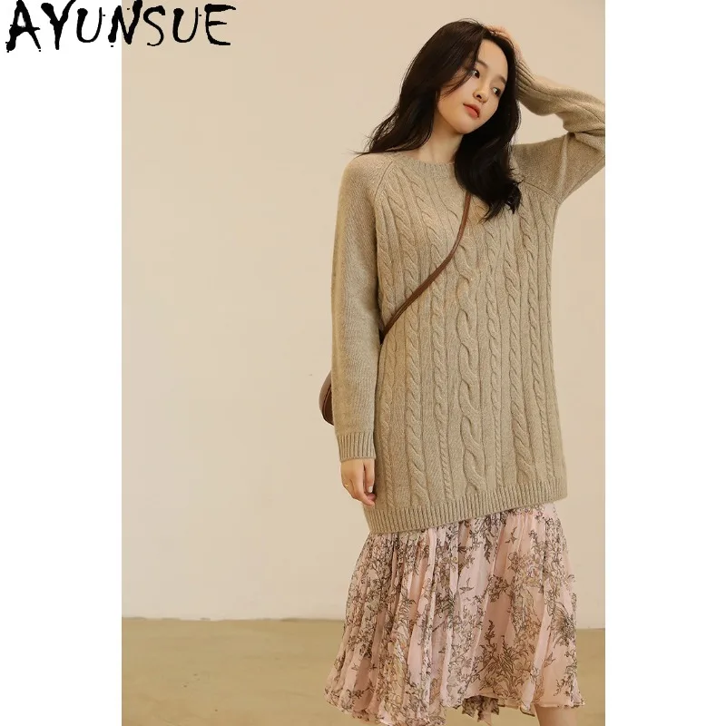 

AYUNSUE Cashmere Sweater Autumn Winter Clothes Woman Lazy Chic Mid-length Sweater High Quality Clothing for Woman Pulls Femmes