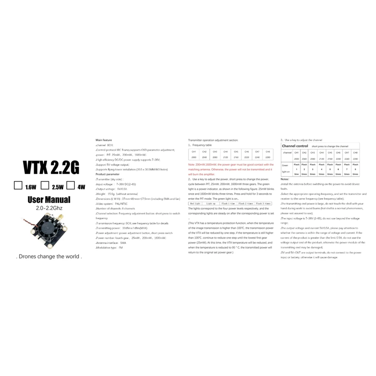 

2G-2.2G 1,6 Вт FPV VTX 8-канальный модуль видеопередатчика FPV PAL/NTSC 7-36 В для очков FatShark FPV