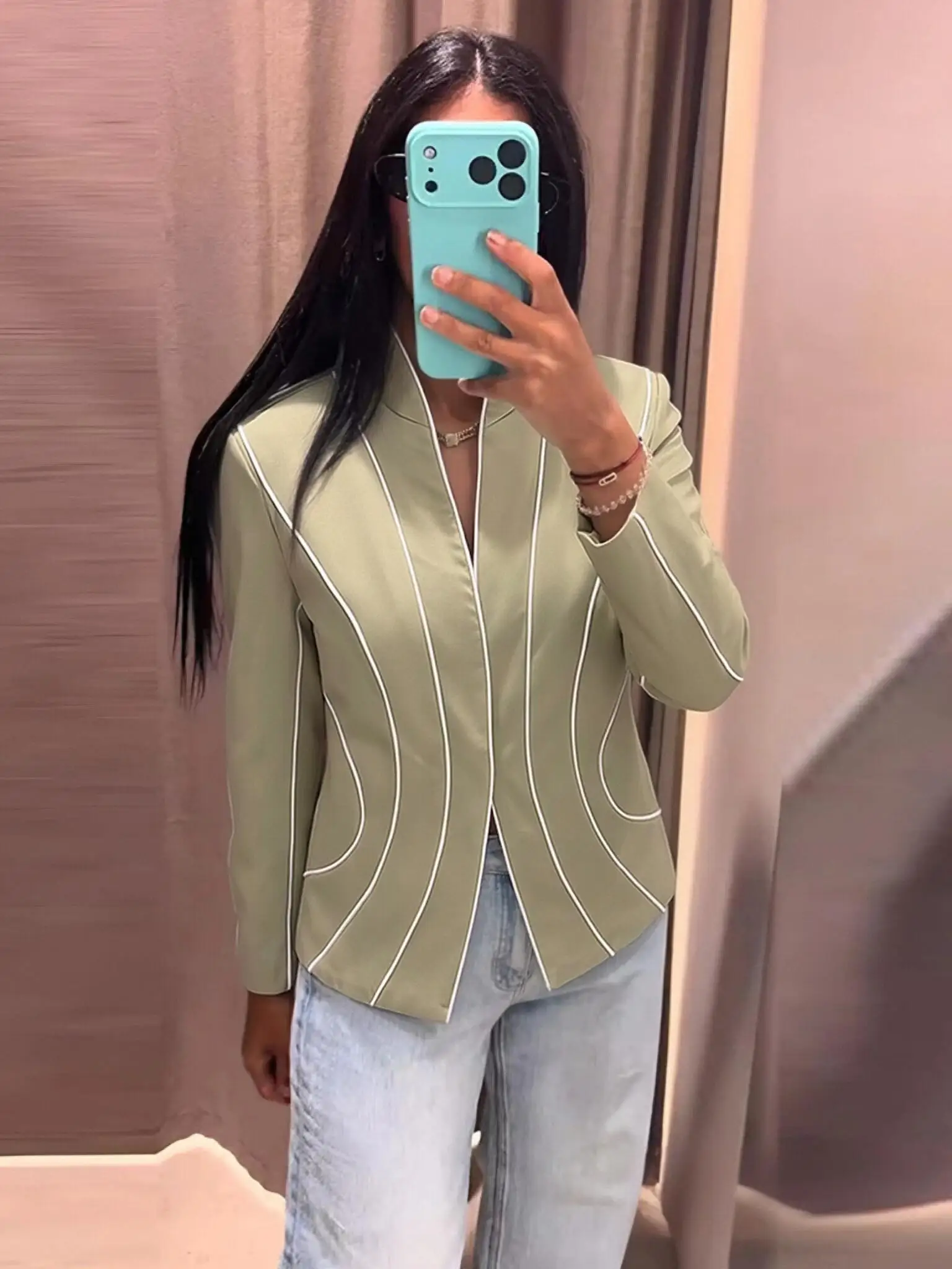 Women Green Elegant Slim Short Blazer Jackets Autumn Female Stripe Long‑Sleeve Waist-Cinching Coats Lady Commuter Buckle Jackets
