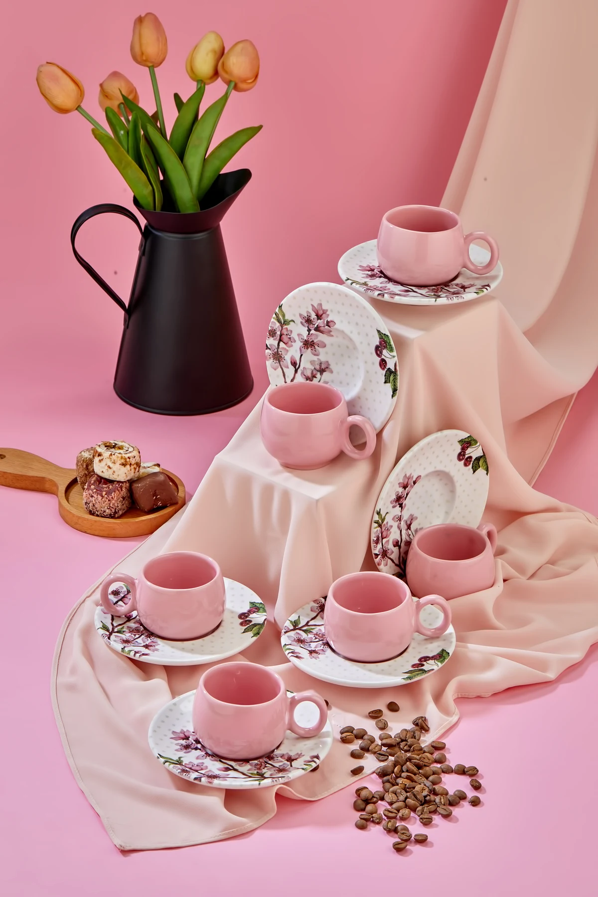 Plump 12 Piece Luxe Ceramic Pink Coffee Cup Set for 6 Persons, Turkish Coffee Cup Turkish Coffee Set 12 Pieces Luxury Ceramic