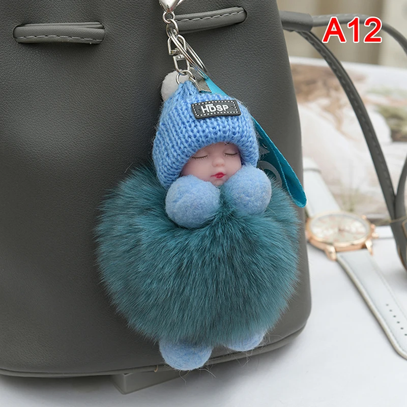 Pompom schlafendes Baby Schlüsselanhänger süße flauschige Plüschpuppe Schlüsselanhänger Frauen Mädchen Taschen Schlüsselanhänger Autos Schlüsselanhänger Geschenk charmante Dekoration