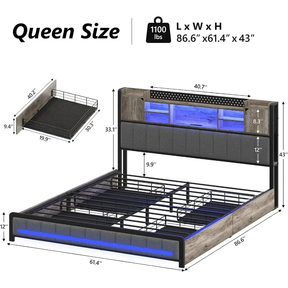 Queen Bed Frame, Bookcase Headboard, LED Lights W/ Charging Station, W/Storage Drawers, No Springs Required, Platform Bed Frame