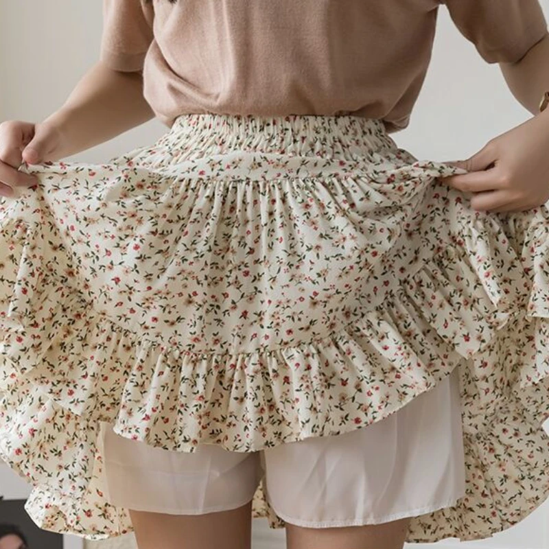 Skirts Women Vintage Floral Summer New Korean Style Ruffles Sweet Elastic Waist Aesthetic All-match Empire A-line Mini Clothing