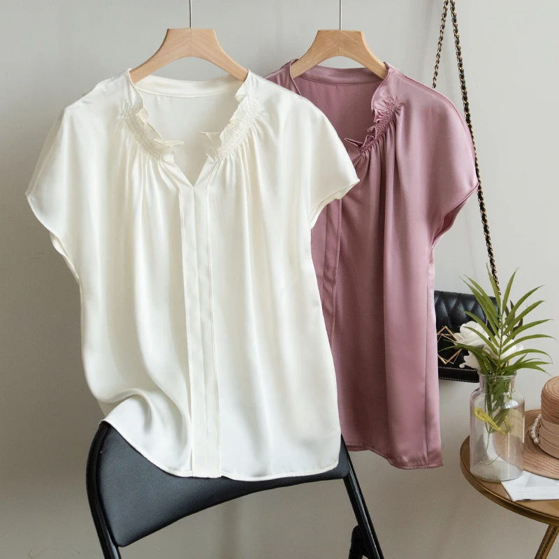 Camisa de Manga Corta Raglán con Cuello en V y Lazo Blanco, Nueva Colección 2026, Informal de Verano para Mujer, Satén Elástico, Versátil, Estilo y2k