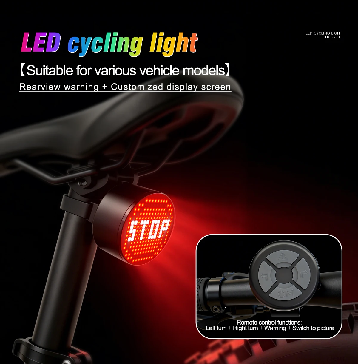 Intelligent DIY Pixel Bicycle Tail Light Bluetooth APP Custom Pattern RGB LED Bicycle Rear Light Wireless Remote Control Turn Warning Light Type-C Charging Mountain Road Bike Riding Tail Light