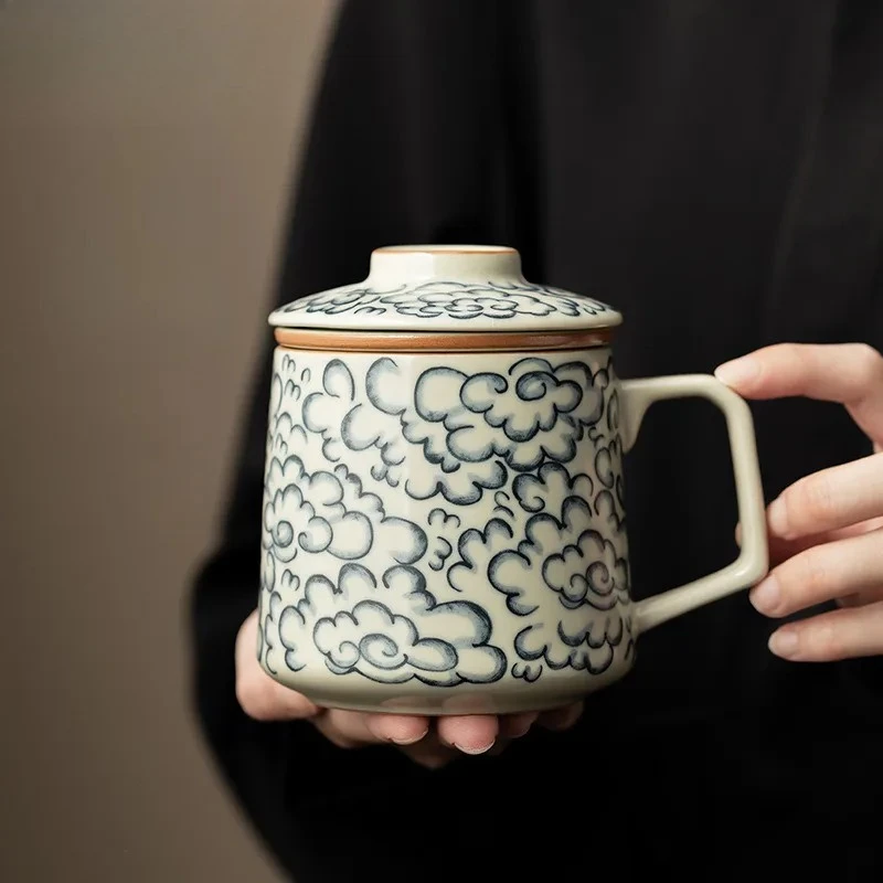 

400ml Antique Ru Kiln Porcelain Filter Tea Separator Cup Auspicious Clouds Office Work Cup Personal Tea Brewing Mug Drinkware