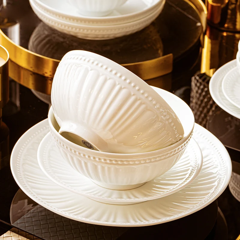 Embossed Jingdezhen, high temperature white porcelain tableware set