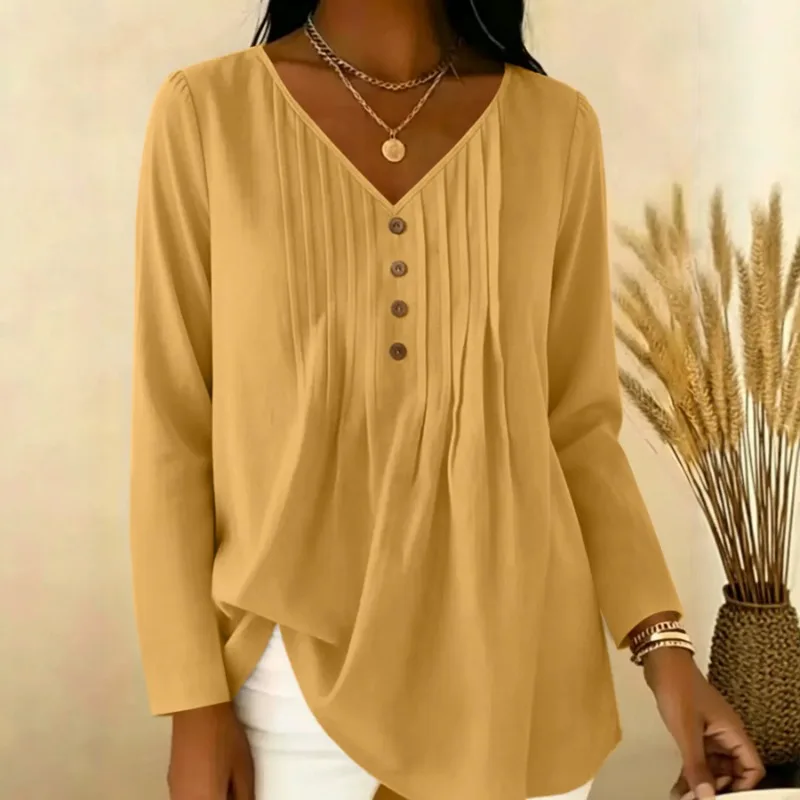 Women V Neck Front Pleated Button Decor Long Sleeve Loose Casual Solid Color Blouse Shirt