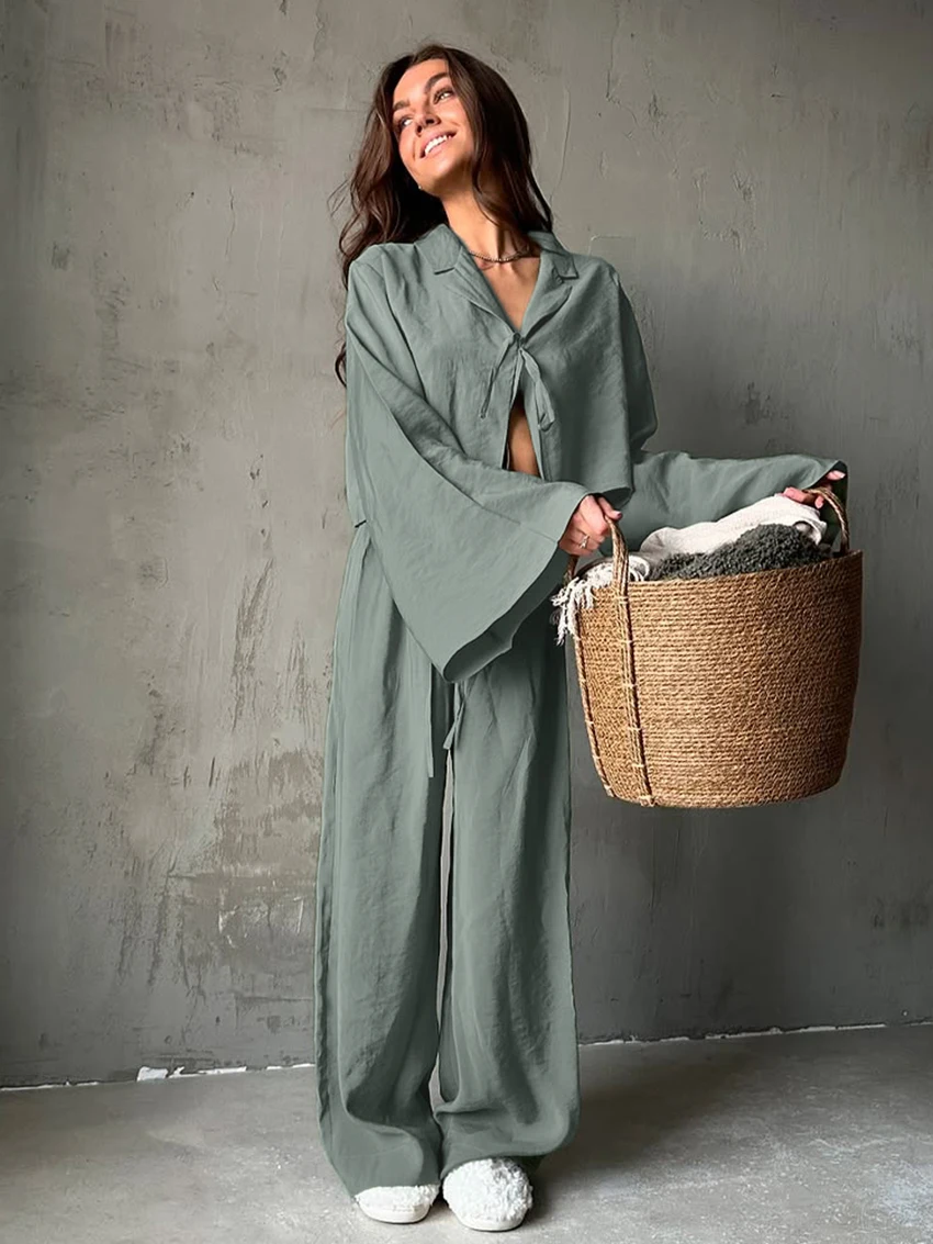 Marthaqiqi Loose Women Pajamas Suit Turn-Down Collar Sleepwear Long Sleeve Nightgowns Lace Up Nightwear Pants Casual Pyjamas Set