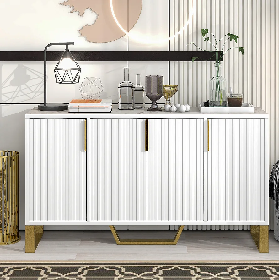 

#Modern Solid Wood Sideboard With Four Doors Metal Handles & Legs And Adjustable Shelves For Kitchen And Dining Rooms
