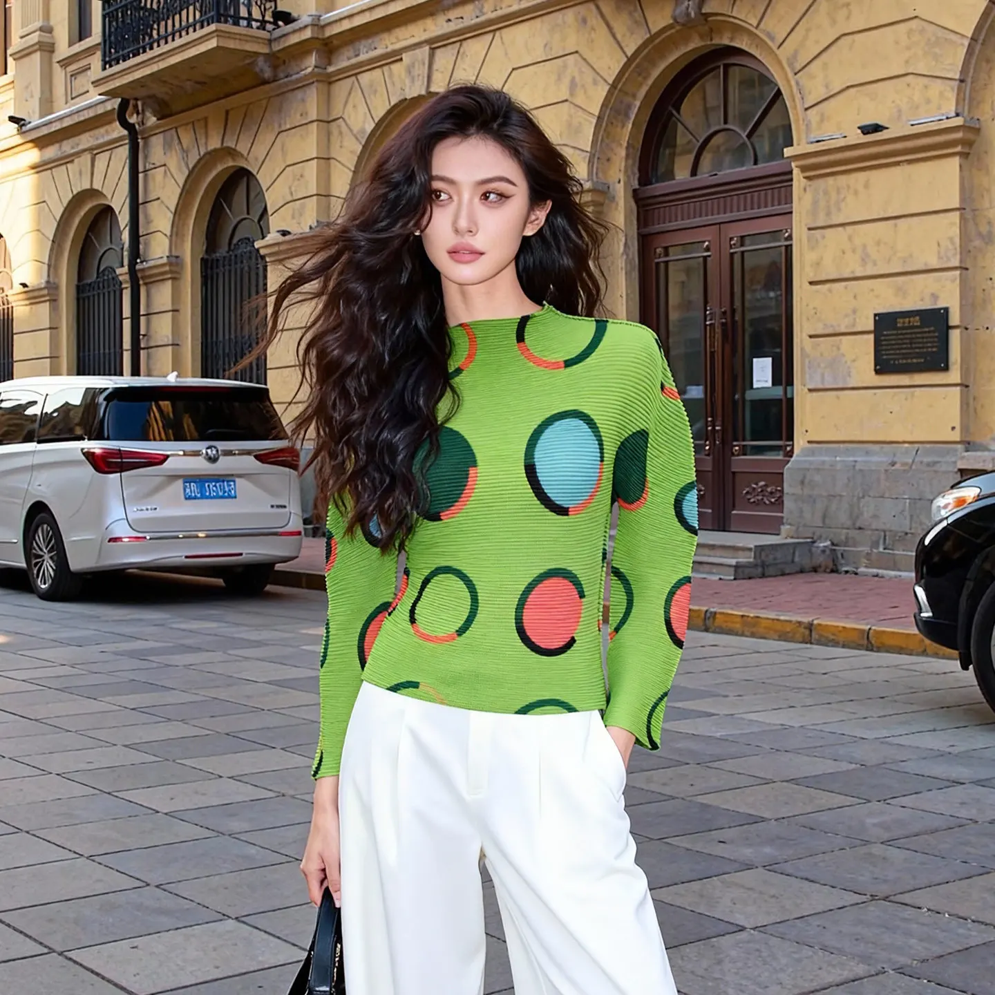 

Водолазка Miyake, женская футболка с точечным принтом, плиссированная одежда, новинка 2026, высокоэластичный облегающий пуловер, топ