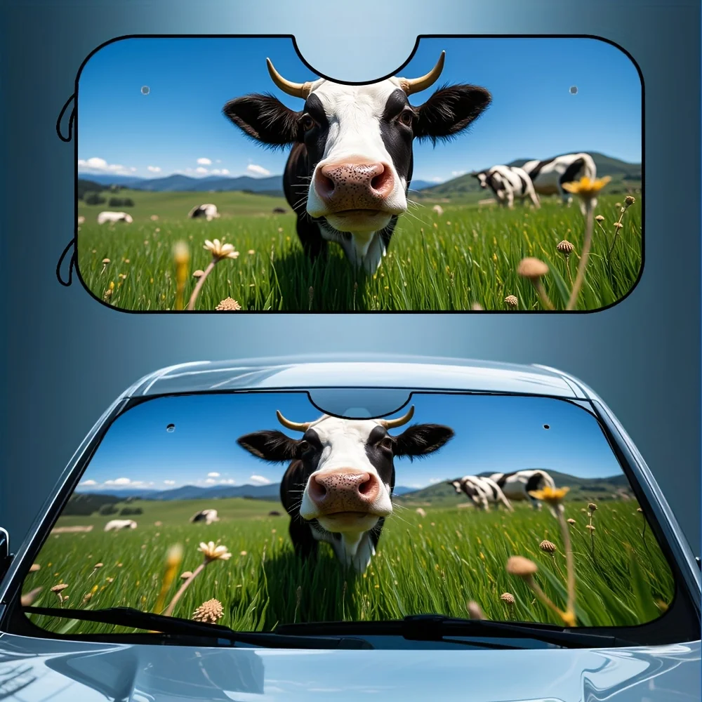 

1pc Farm Animal Sunshade For Car - Cow Portrait Design, Easy To Fold & Store, Durable Polyester Fabric, Windshield Protector For