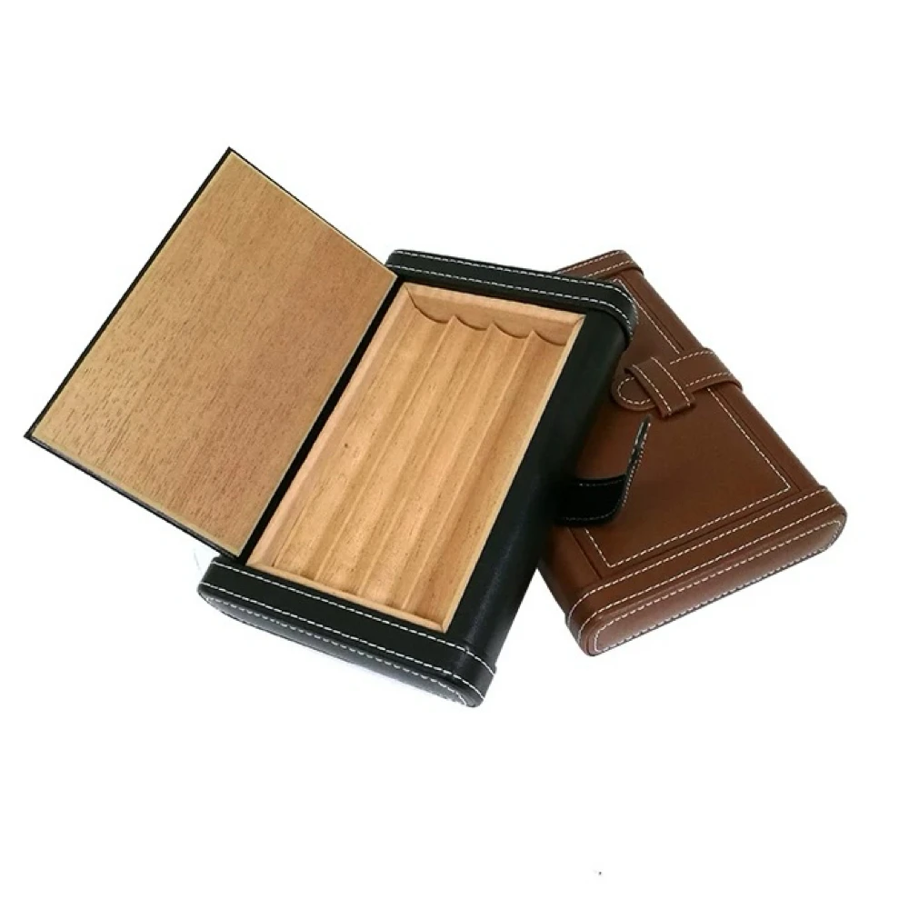 Portable Genuine Leather Cigar Case With Cedar Wood Inside For Moisturizing Storage Of Cigar Boxes.
