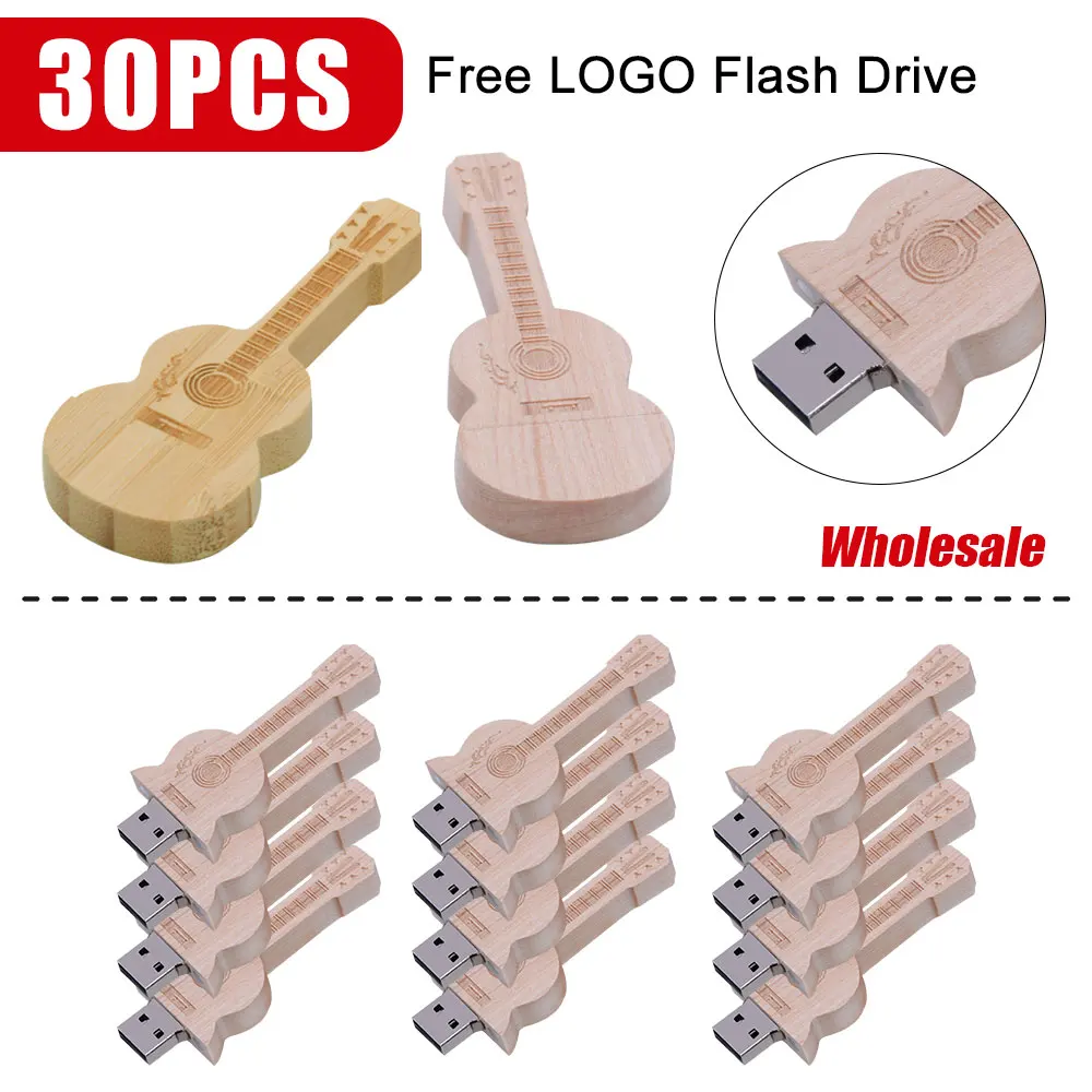 

30pcs Maple Wood Guitar USB 2.0 Flash Drive 16GB Cool Creative Gift Memory Stick 64GB Free Custom logo External Storage 32GB 8GB