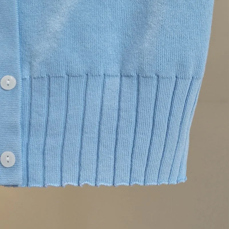 Summer Sweater Korean Fashion Style Contrast Single Solid Short Sleeve Knitted Cardigan Ice Silk Thin New Casual Female Tshirt