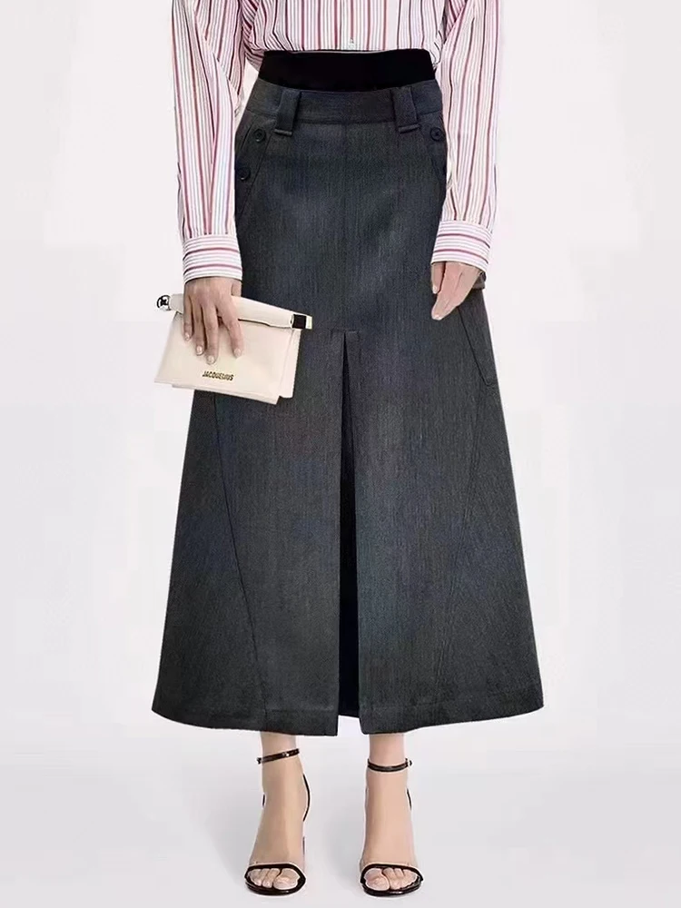 Vintage color contrast double waist head double breasted high waist skirt 2024 fall ladies new fashion all-matching A-line skirt