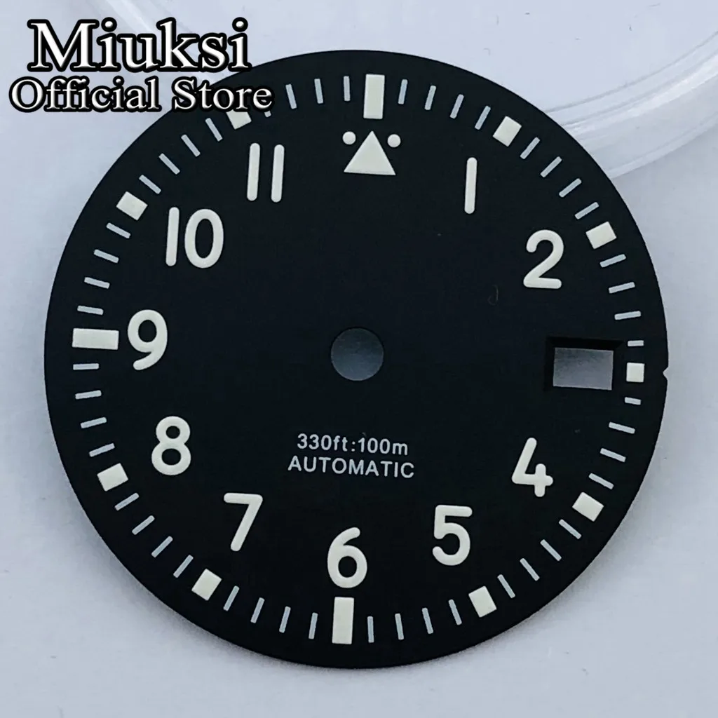 Miuksi 29mm black blue green white sterile watch dial luminous fit NH35 movement fit 3 o\'clock crown 3.8 o\'clock crown