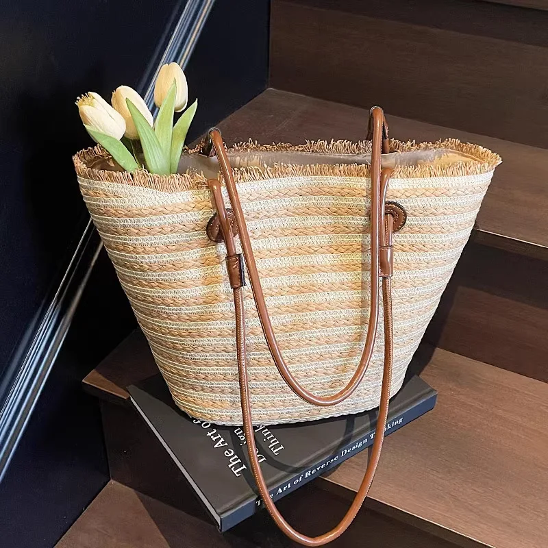

2025 French Boho Straw Tote Bag for Women Spacious Beach Shoulder Purse Adjustable Crossbody Vacation Essential​