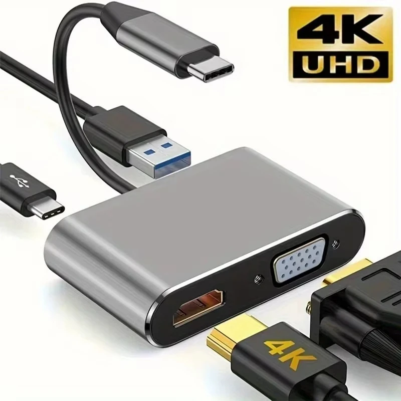 4-in-1 USB-C Hub Multiport Adapter Dock: Type-C to 4K HDTV VGA & 100W Fast Charging Splitter