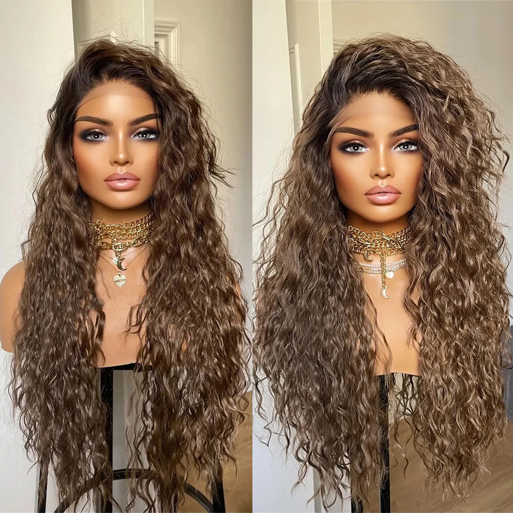 

Синтетический парик фронта шнурка Dark Brunette Curly Hair Синтетический парик Melt Dark Roots Маленький размер головы Высокотемные вьющиеся парики для женщин
