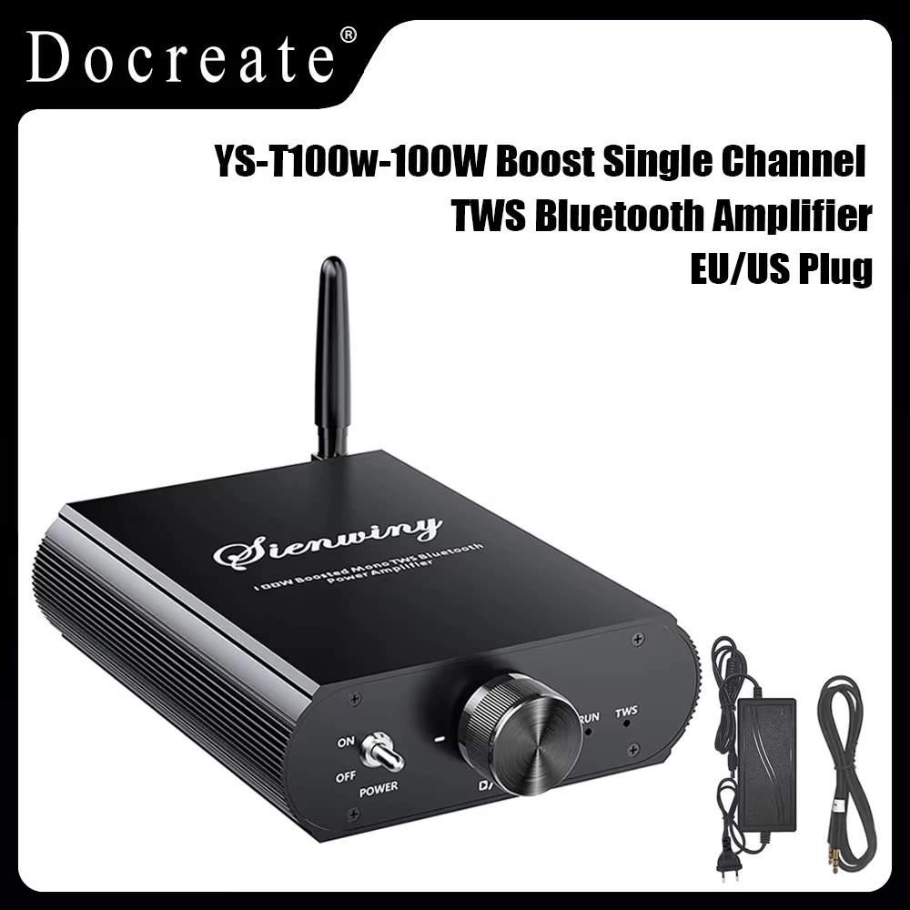Docreate YS-T100w TPA3116 Bluetooth 5.3 Mono Amp APP Control, 12-24V Boost Mini Audio Amplifier For Outdoor/PC/Subwoofer EU/US