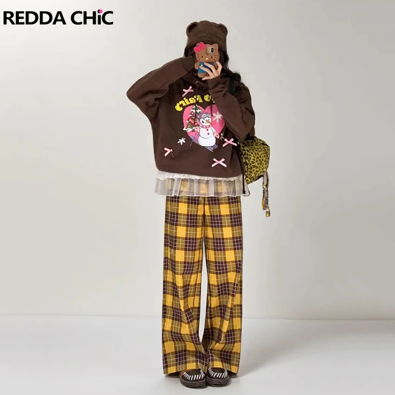 REDDACHiC Color Block Tartan Plaid Pants for Women Looose Casual Pockets High Waist Wide Leg Sweatpants Vintage Female Trousers