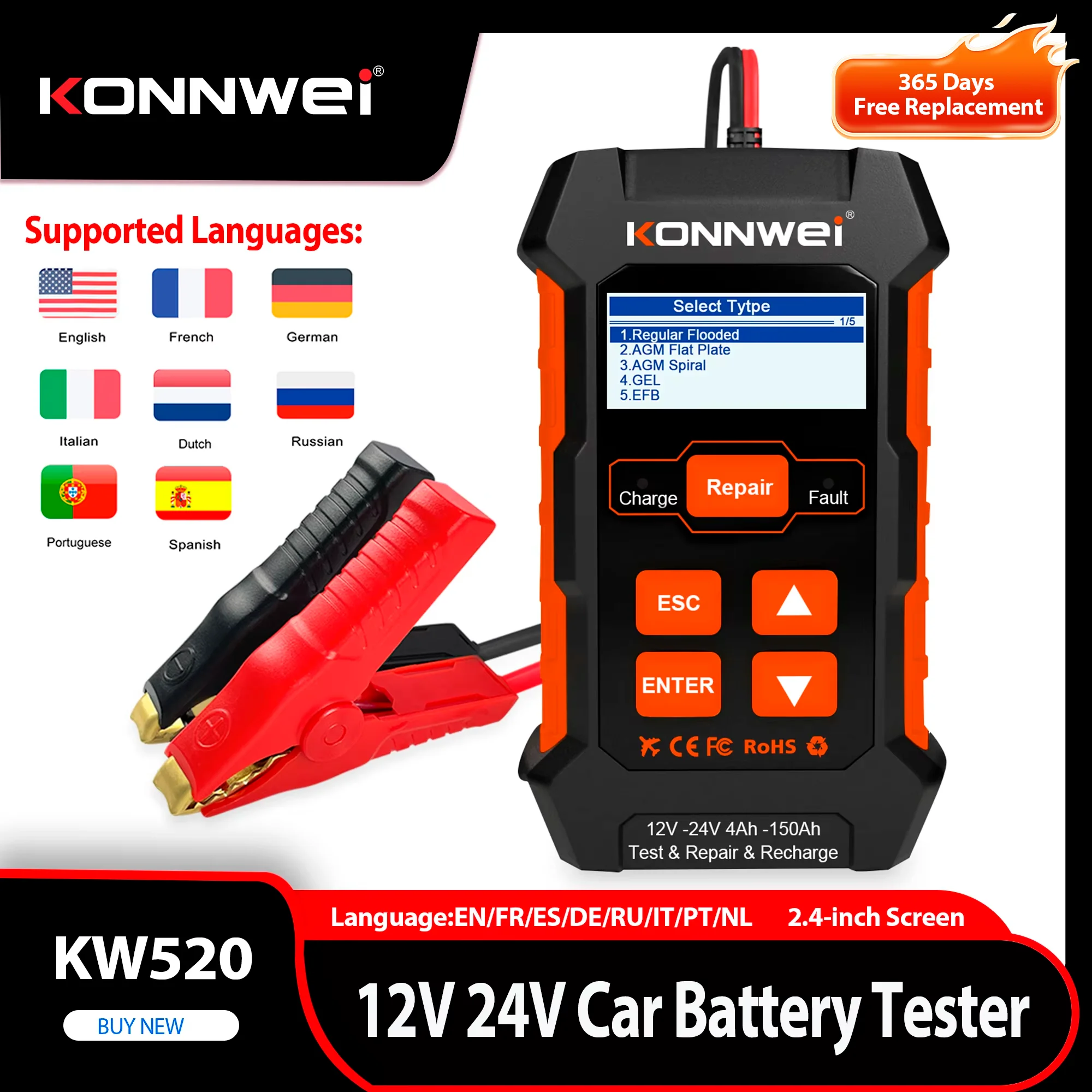 

KONNWEI KW520 Car Truck Battery Tester Cranking Charging 3in1 12V 10A 24V 5A Charger Lead Acid Car Battery Pulse Repair Tool AGM