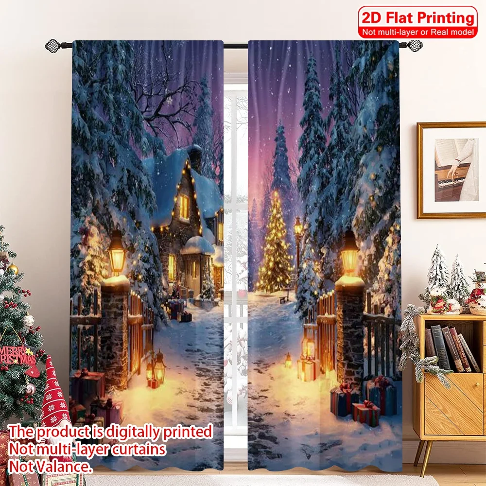 

2pcs 2D flat printing Merry Christmas Popular Curtains christmas trees Polyester Without Electricity Festive Curtains Perfect