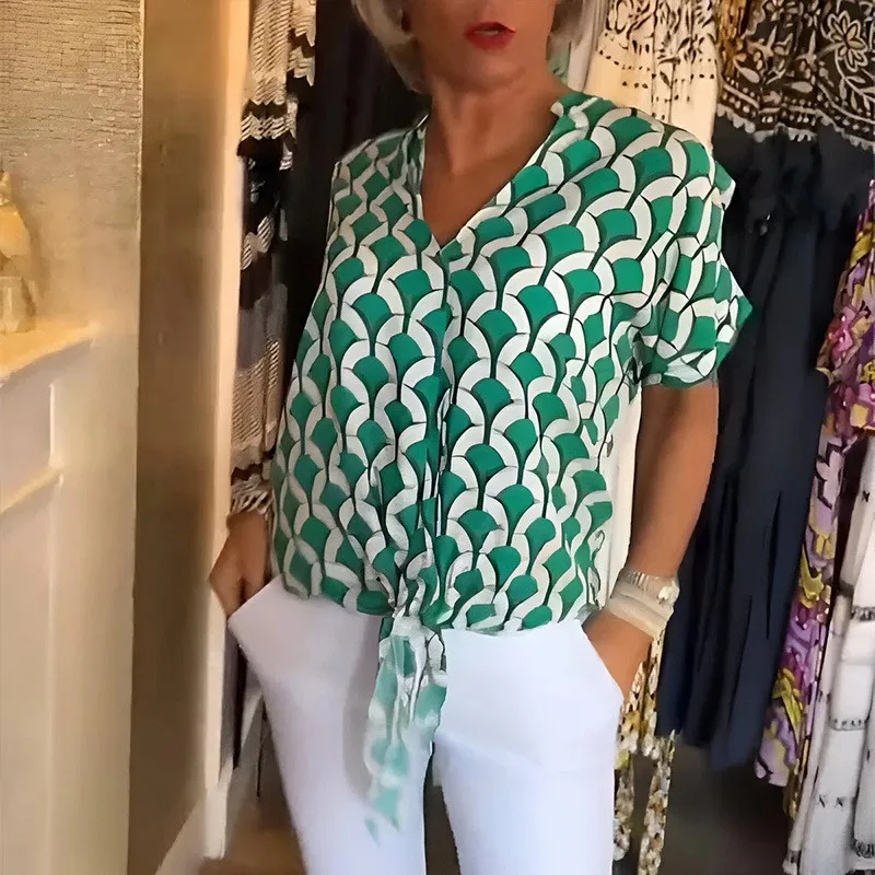 

Women Casual V Neck Print Blouse Summer Short Sleeve Loose Top Fashion Lace Up Shirt Female