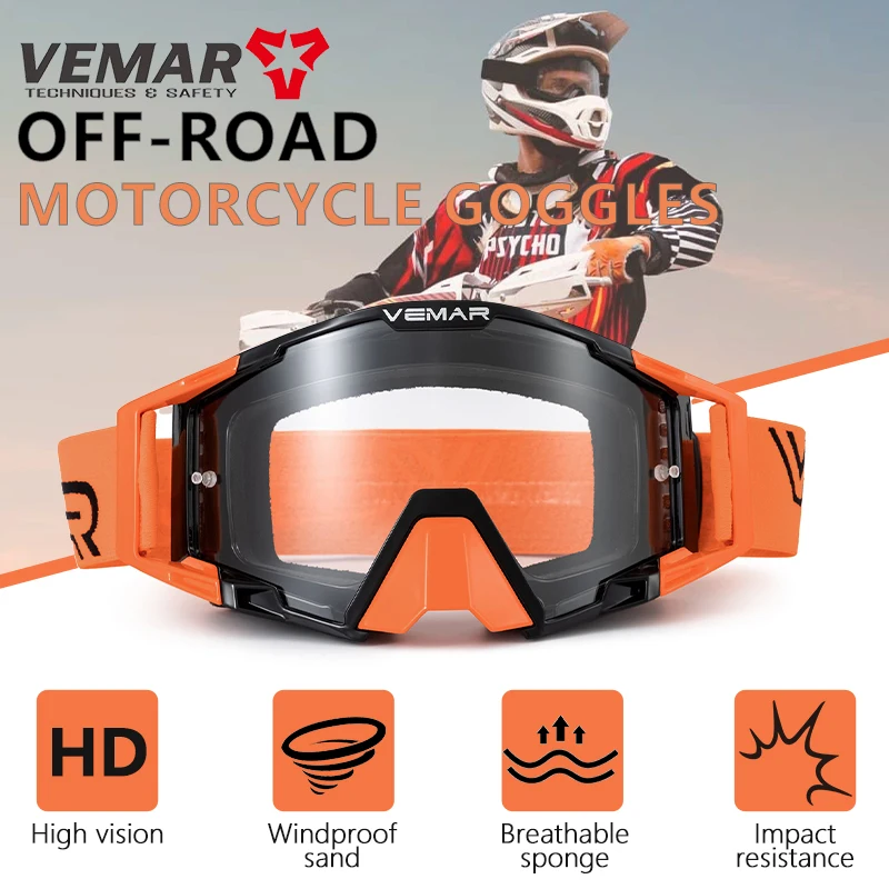 

VEMAR Men's Off-road Motorcycle Goggles Windproof Motocross Goggles Anti-Impact Motorbike Goggles Anti-UV ATV MTB Riding Goggles