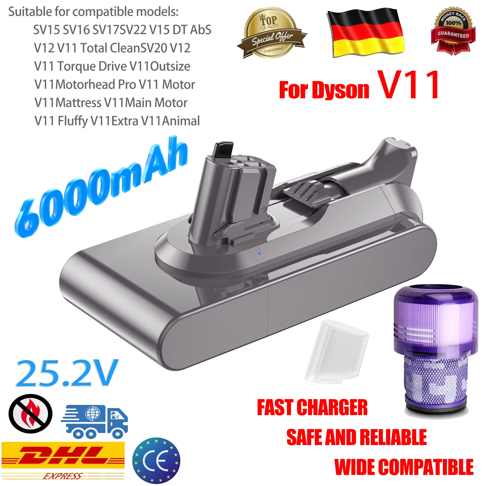 New 6.0 For Dyson V11 SV15 Replacement Lithium 25.2V Battery Absolute Pro Fluffy Motorhead SV14 SV15 SV17 Battery Vacuum Cleaner