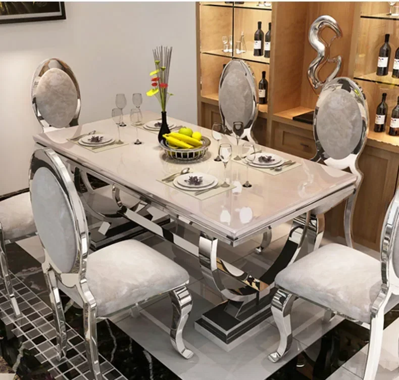 

#Luxury modern dining room Marble Countertops dining Table with gold stainless steel frame rectangle table furniture.