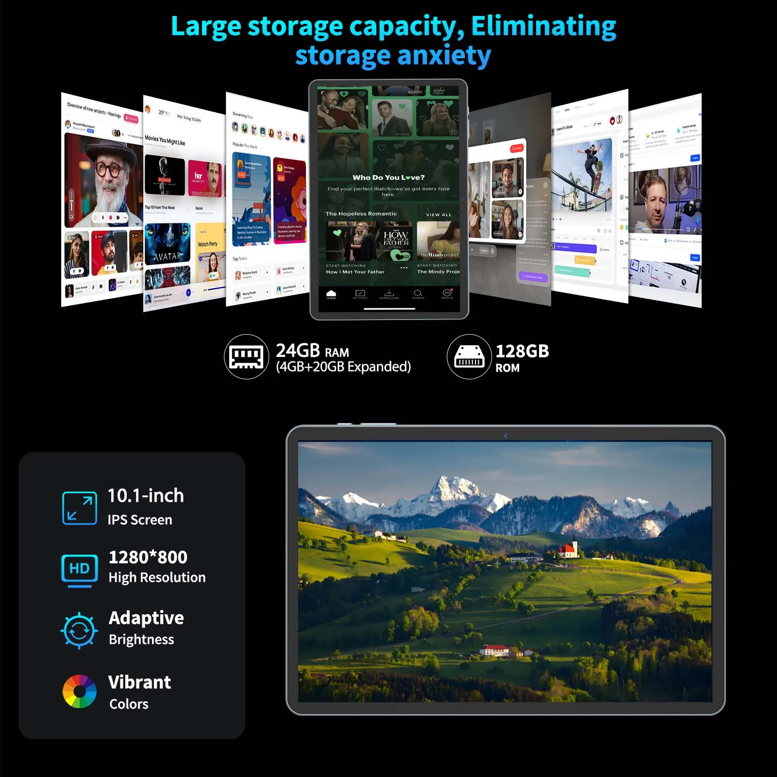 Relndoo Android 15 Tablet 10,1 polegadas, 24 GB (4 + 20 Expansão) RAM 128 GB ROM, WiFi, processador T606 Octa-Core, com mouse, teclado, estojo