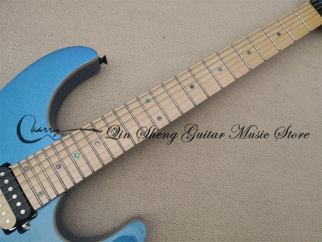 6 string electric guitar, suh guitar metallic blue body, mahogany body and head, colorful shell inlay