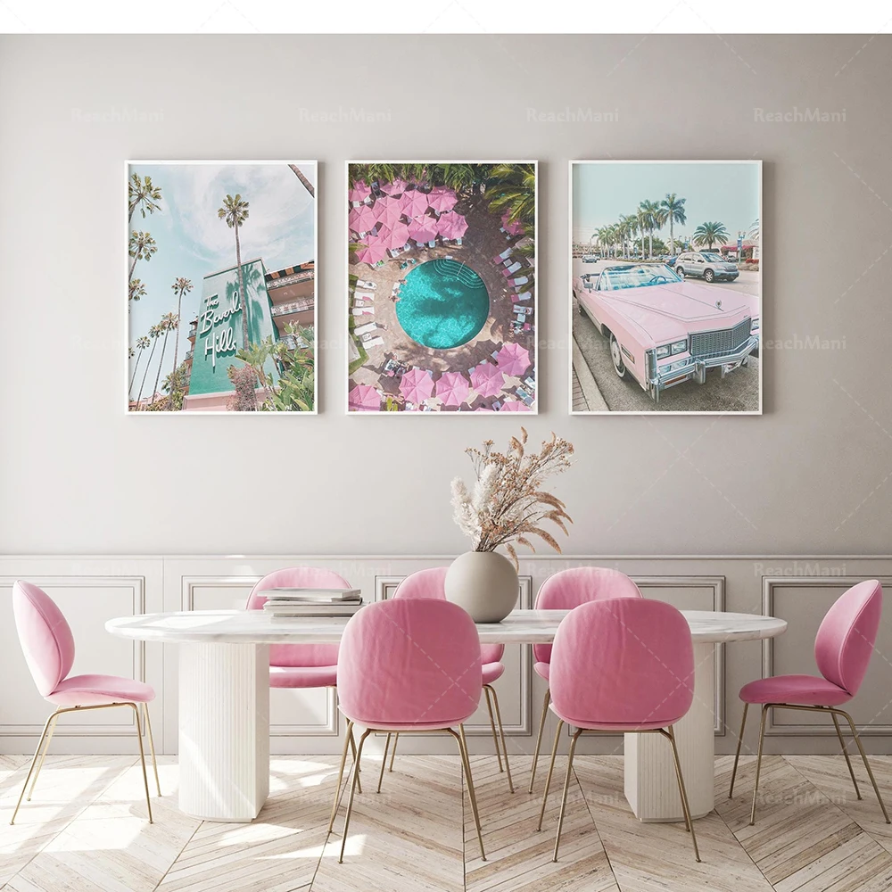 

Beverly Hills hotel, swimming pool and classic cars, pink and teal vertical art travel poster canvas print, aesthetic decoration