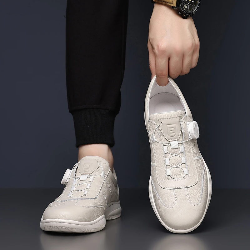 

Mens Beige Genuine Leather Casual Sneakers With Rotary Buckle Lace System Comfortable Slip On Shoes For Business Daily Street