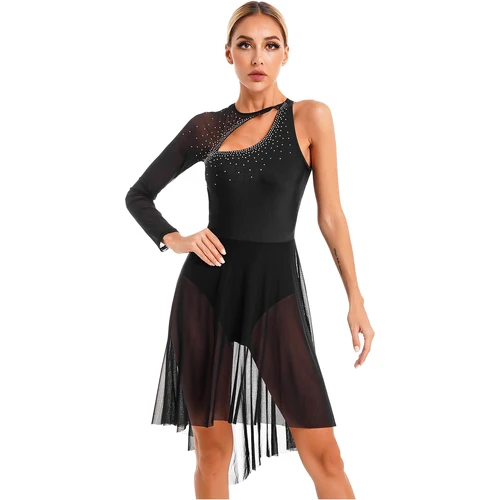 Imagen 2 del producto Vestido de patinaje artístico para mujer, vestido de baile lírico de manga larga, Ropa de baile para escenario, leotardo de gimnasia de malla transparente, disfraz de salón